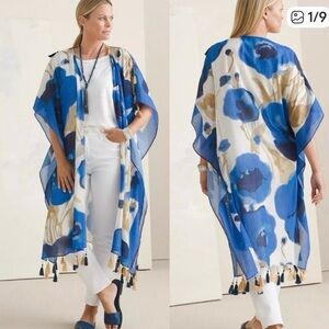 Aratta Silent Journey Kimono-Style Tassel Wrap Top In Blue w Gold Thread OS